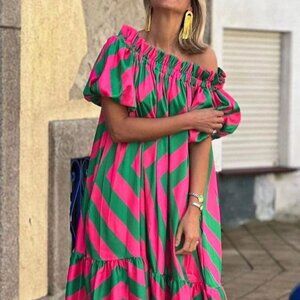 NWT- Pink and Turquoise off the shoulder Maxi Dress